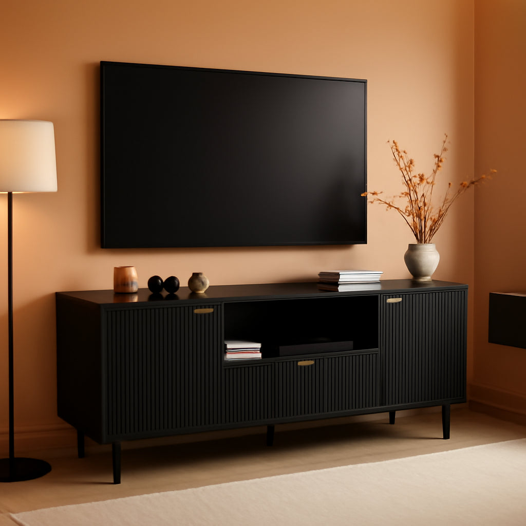 65 Inch Black Walnut Satin TV Stand With Hidden Drawers