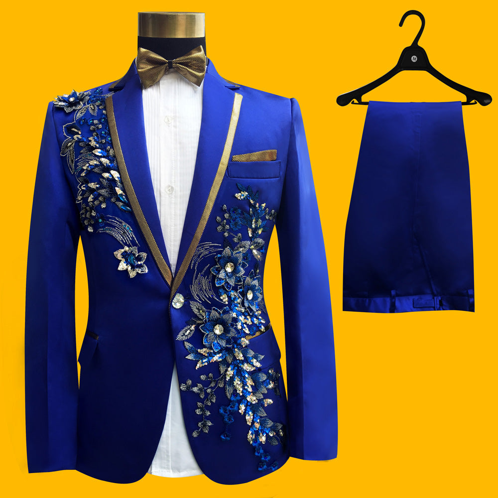 Blue Embroidered Slim Fit Blazer 4 Pcs Suit Men's