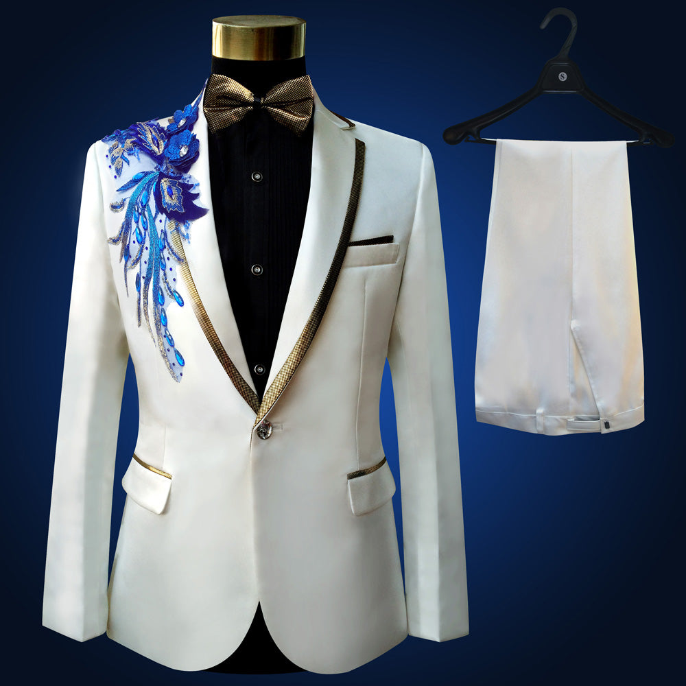 Blue Embroidered Slim Fit Blazer 4 Pcs Suit Men's