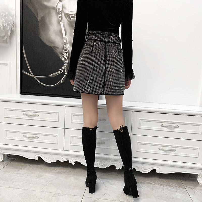 Black Sheepskin Skirt With Rhinestones Women's