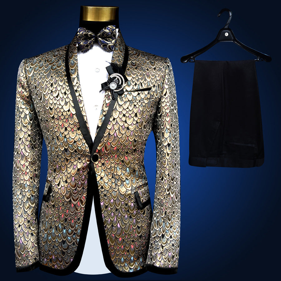 Blue Embroidered Slim Fit Blazer 4 Pcs Suit Men's