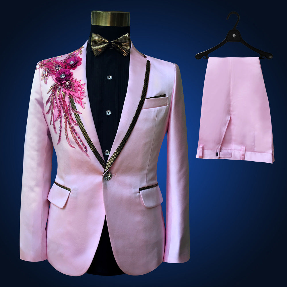 Blue Embroidered Slim Fit Blazer 4 Pcs Suit Men's