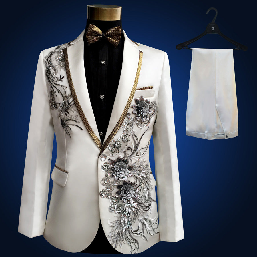 Blue Embroidered Slim Fit Blazer 4 Pcs Suit Men's