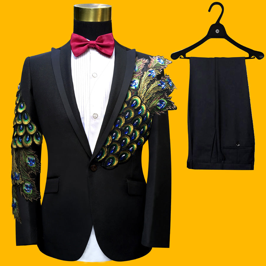 Blue Embroidered Slim Fit Blazer 4 Pcs Suit Men's