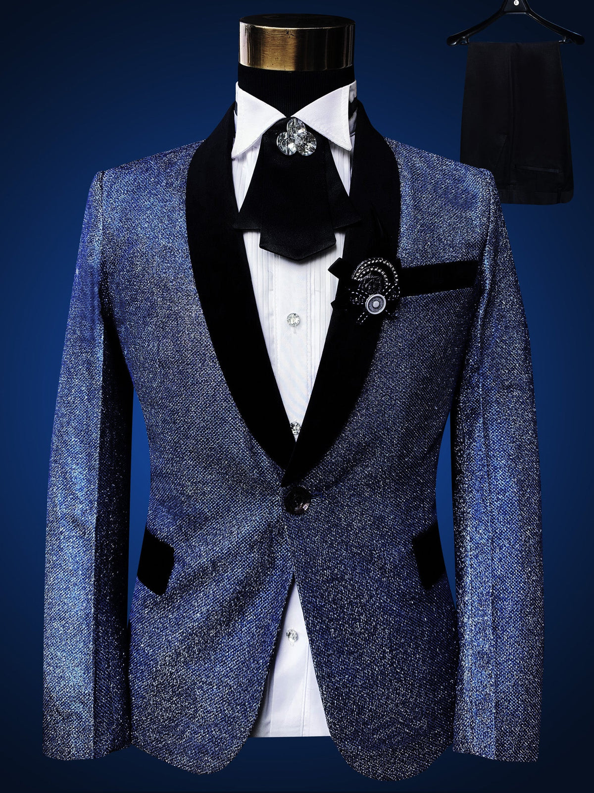 Blue Embroidered Slim Fit Blazer 4 Pcs Suit Men's