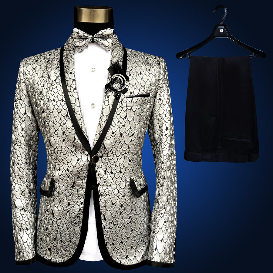Blue Embroidered Slim Fit Blazer 4 Pcs Suit Men's
