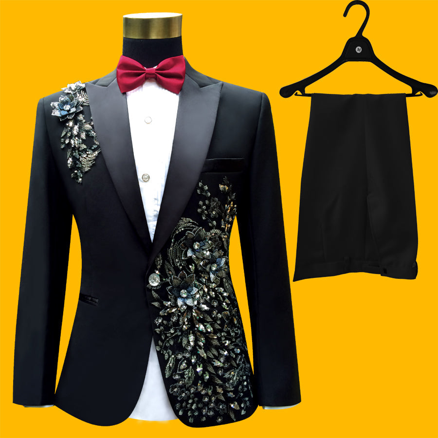 Blue Embroidered Slim Fit Blazer 4 Pcs Suit Men's