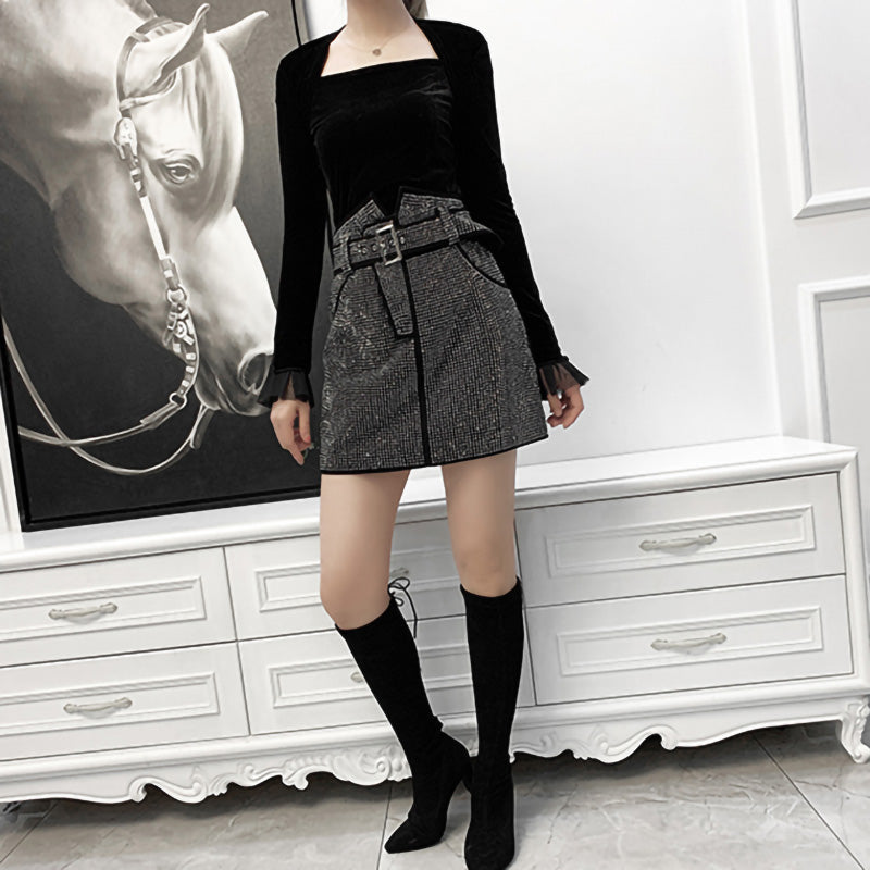 Black Sheepskin Skirt With Rhinestones Women's