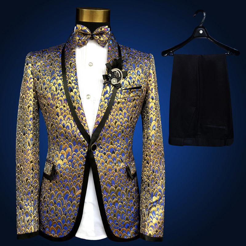 Blue Embroidered Slim Fit Blazer 4 Pcs Suit Men's
