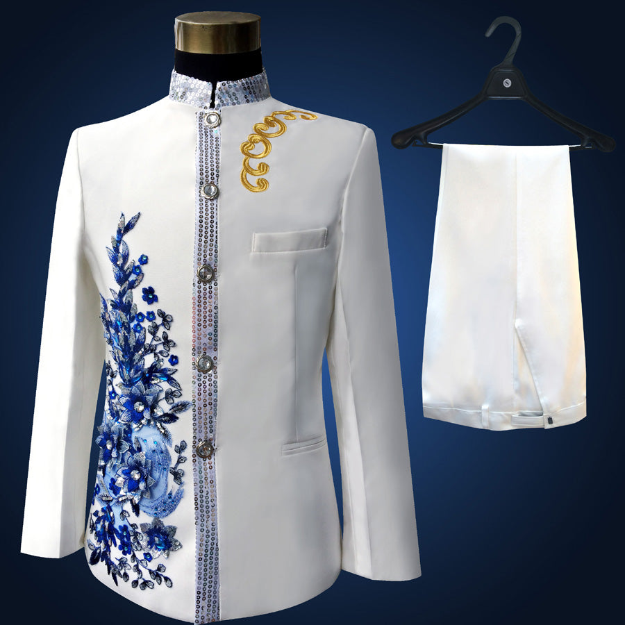 Blue Embroidered Slim Fit Blazer 4 Pcs Suit Men's