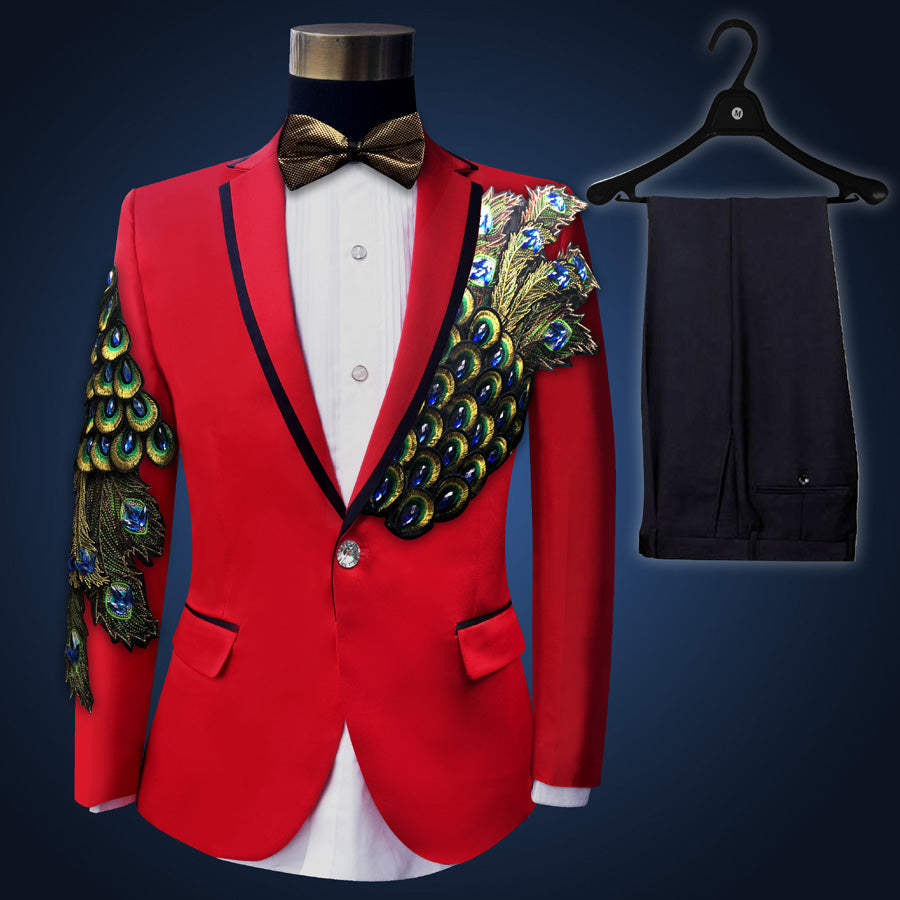 Blue Embroidered Slim Fit Blazer 4 Pcs Suit Men's