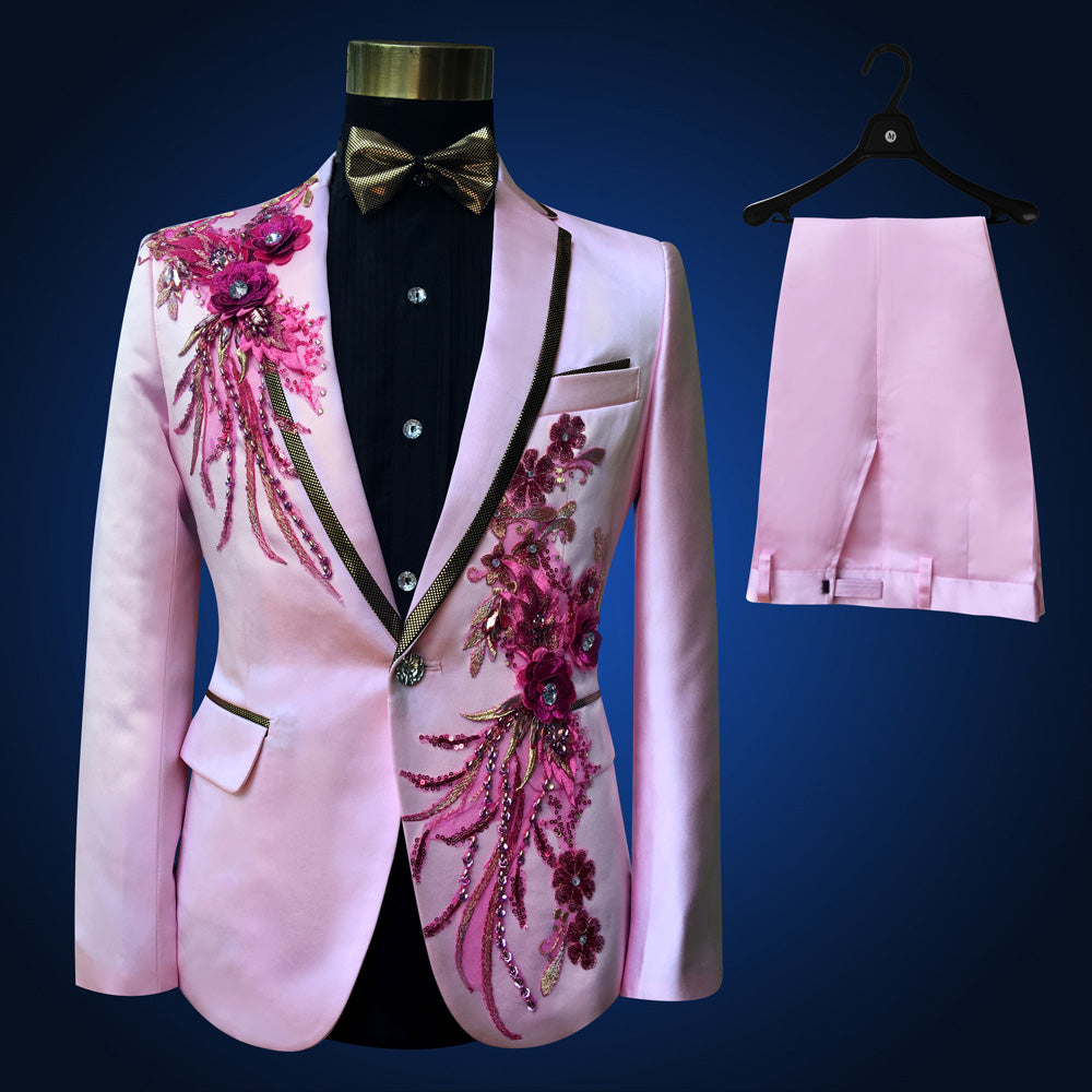 Blue Embroidered Slim Fit Blazer 4 Pcs Suit Men's