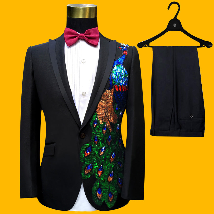 Blue Embroidered Slim Fit Blazer 4 Pcs Suit Men's