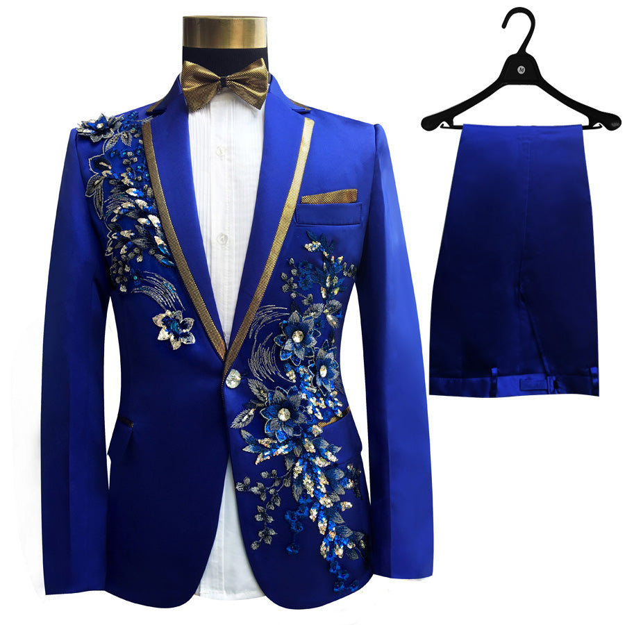 Blue Embroidered Slim Fit Blazer 4 Pcs Suit Men's