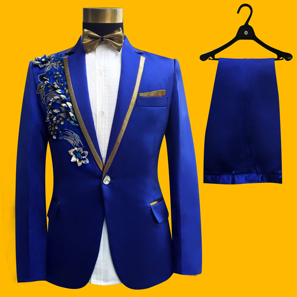 Blue Embroidered Slim Fit Blazer 4 Pcs Suit Men's