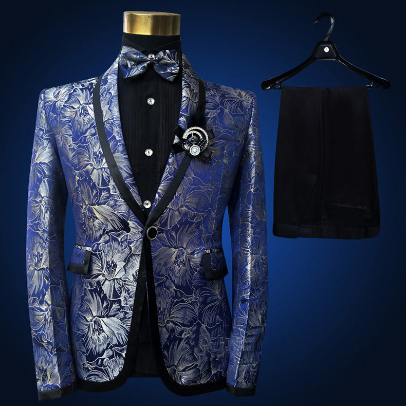 Blue Embroidered Slim Fit Blazer 4 Pcs Suit Men's