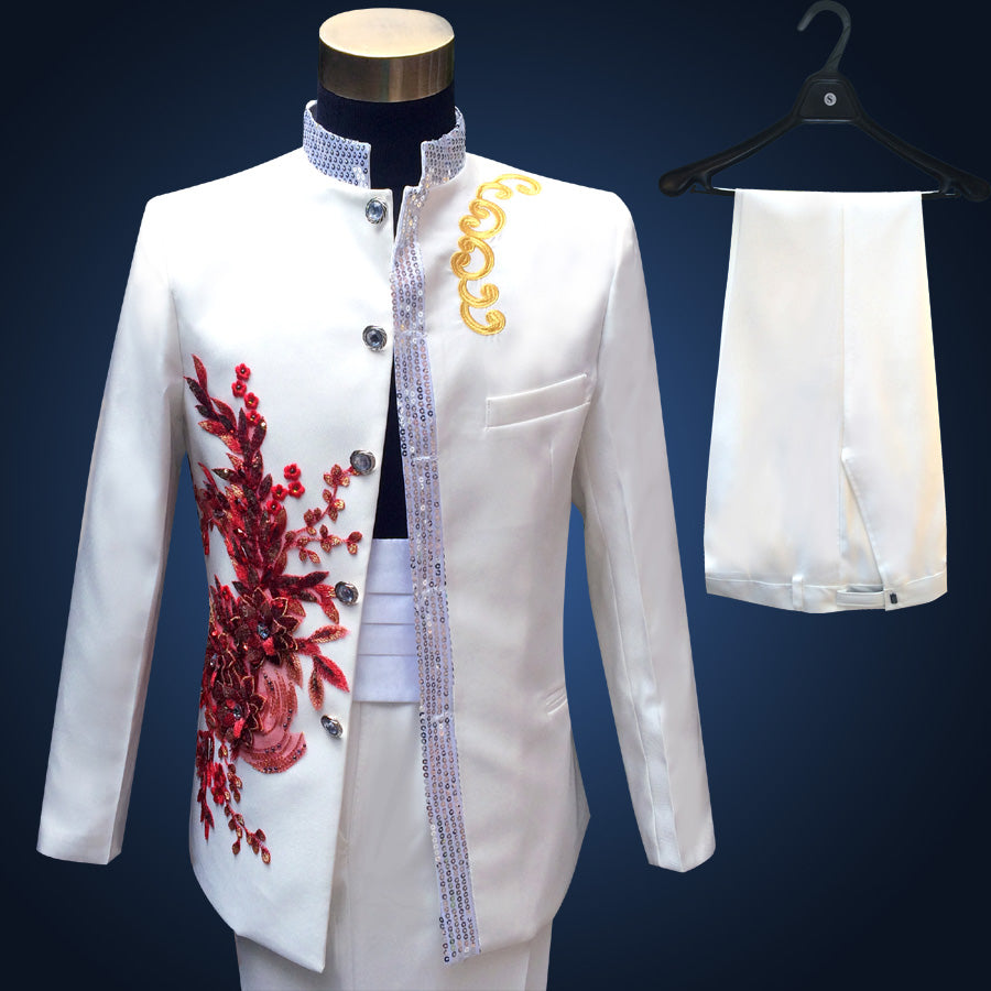 Blue Embroidered Slim Fit Blazer 4 Pcs Suit Men's